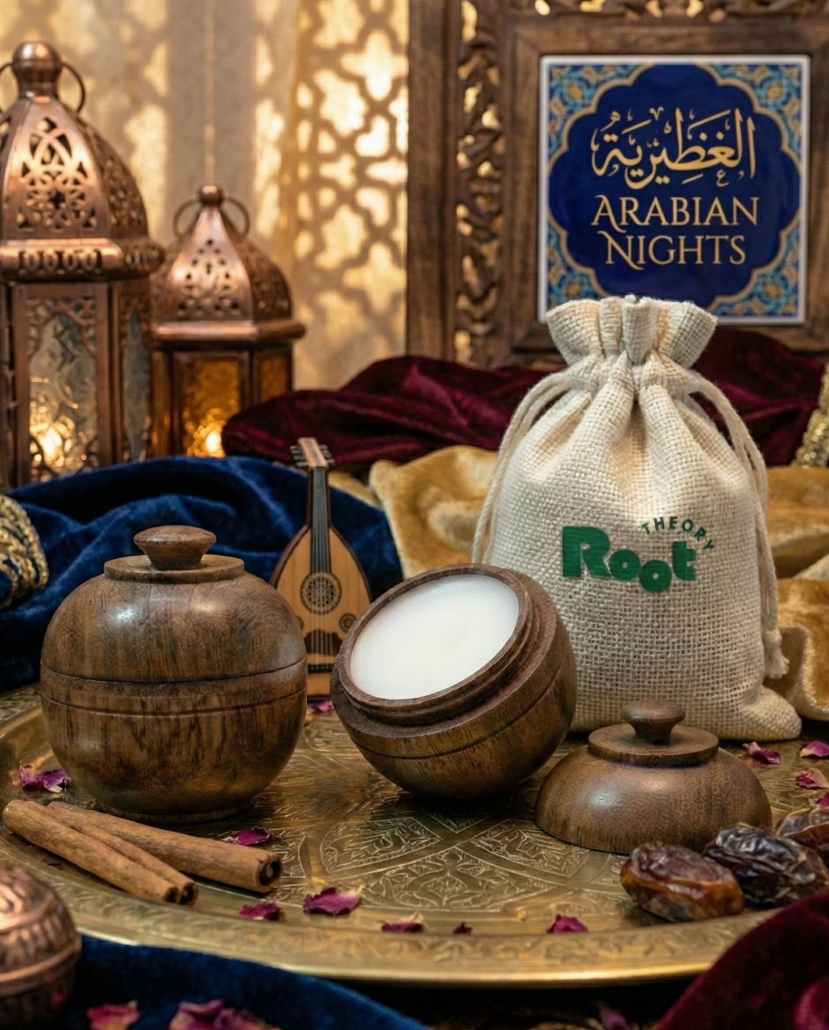 Decorative setup with candles, lanterns, and a 'Roots' bag on a table with 'Arabian Nights' theme.