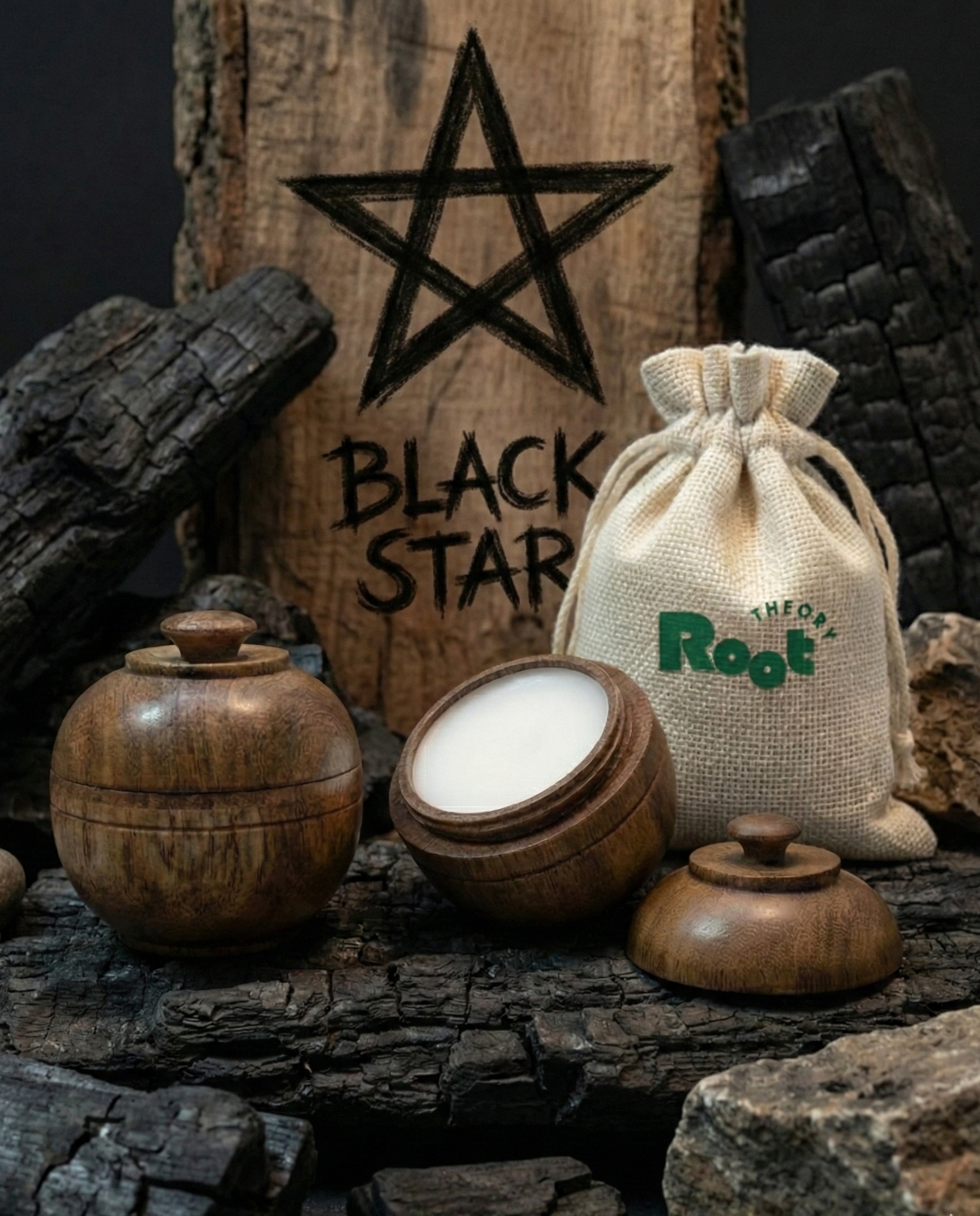 Wooden containers, a candle, and a drawstring bag on a rustic background with 'Black Star' and 'Root' branding.