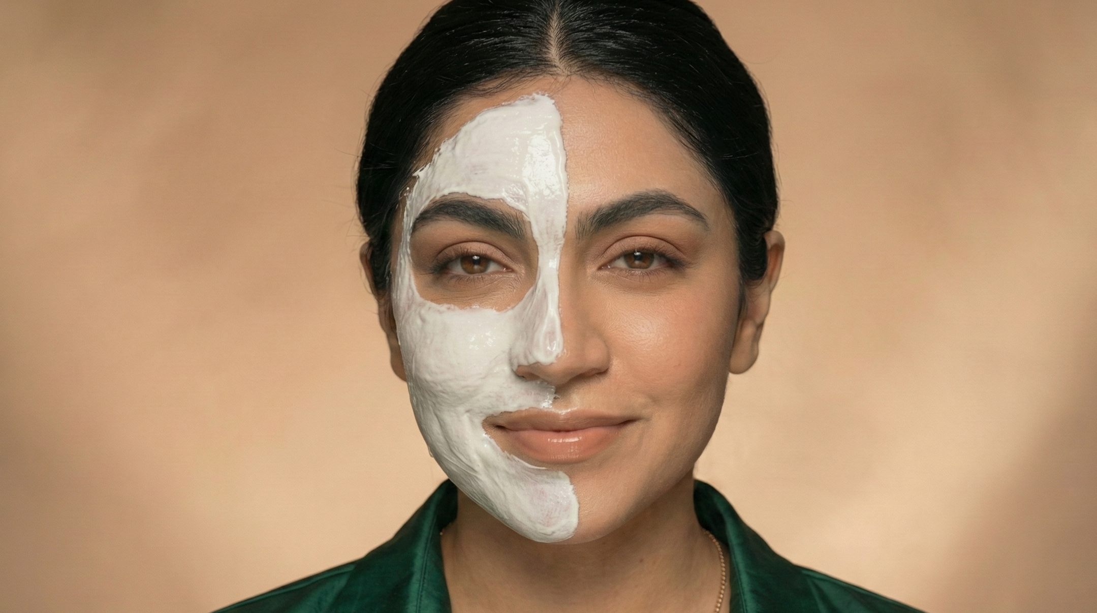 Woman with half of her face covered in a white mask against a beige background
